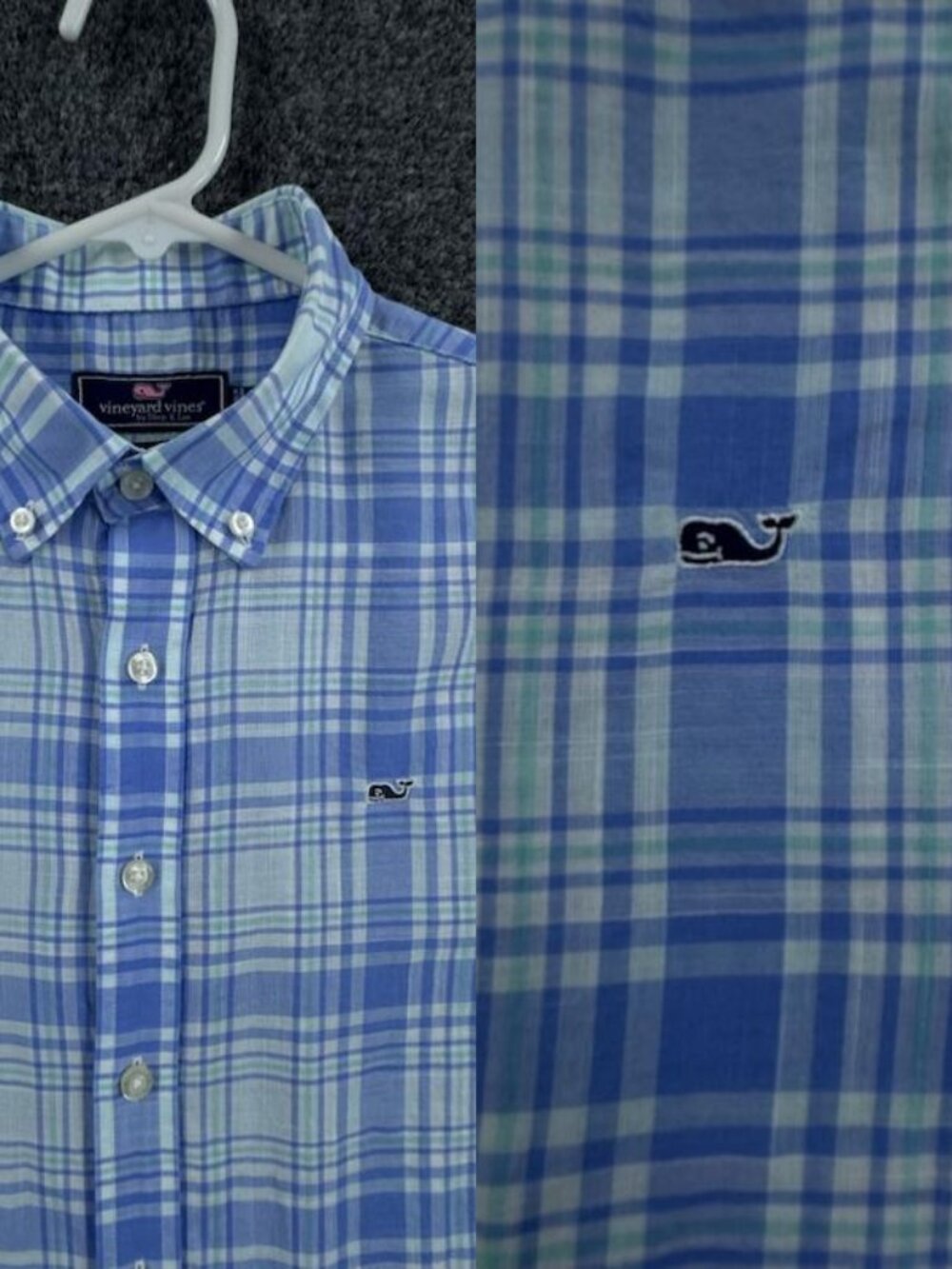Vineyard Vines Button-Down Cotton Plaid XL 18 Blue Whale Shirt Long Sleeve Boys